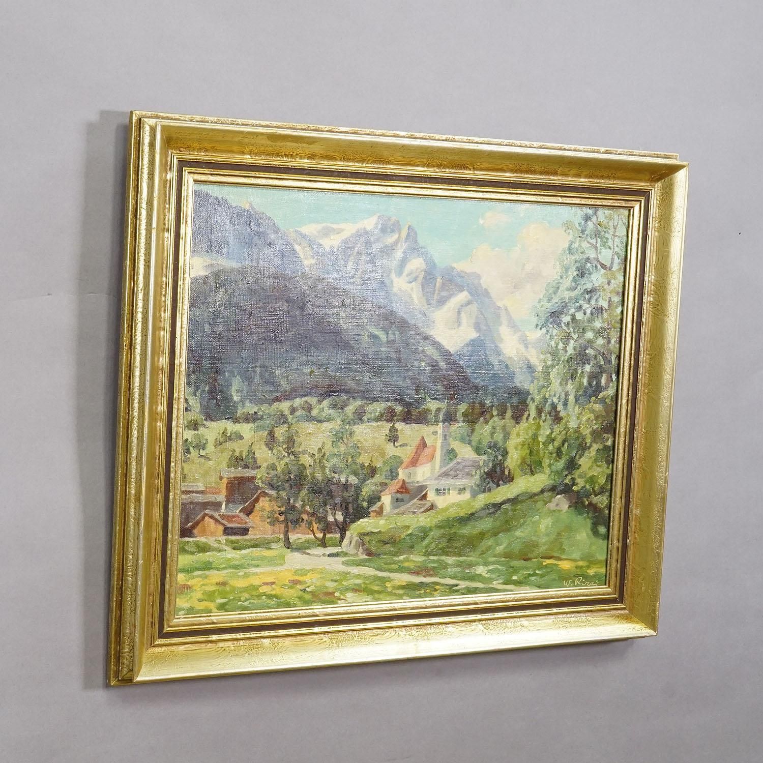 Alpine Landscape Oil Painting With Tyrolean Mountain Village photo furniture