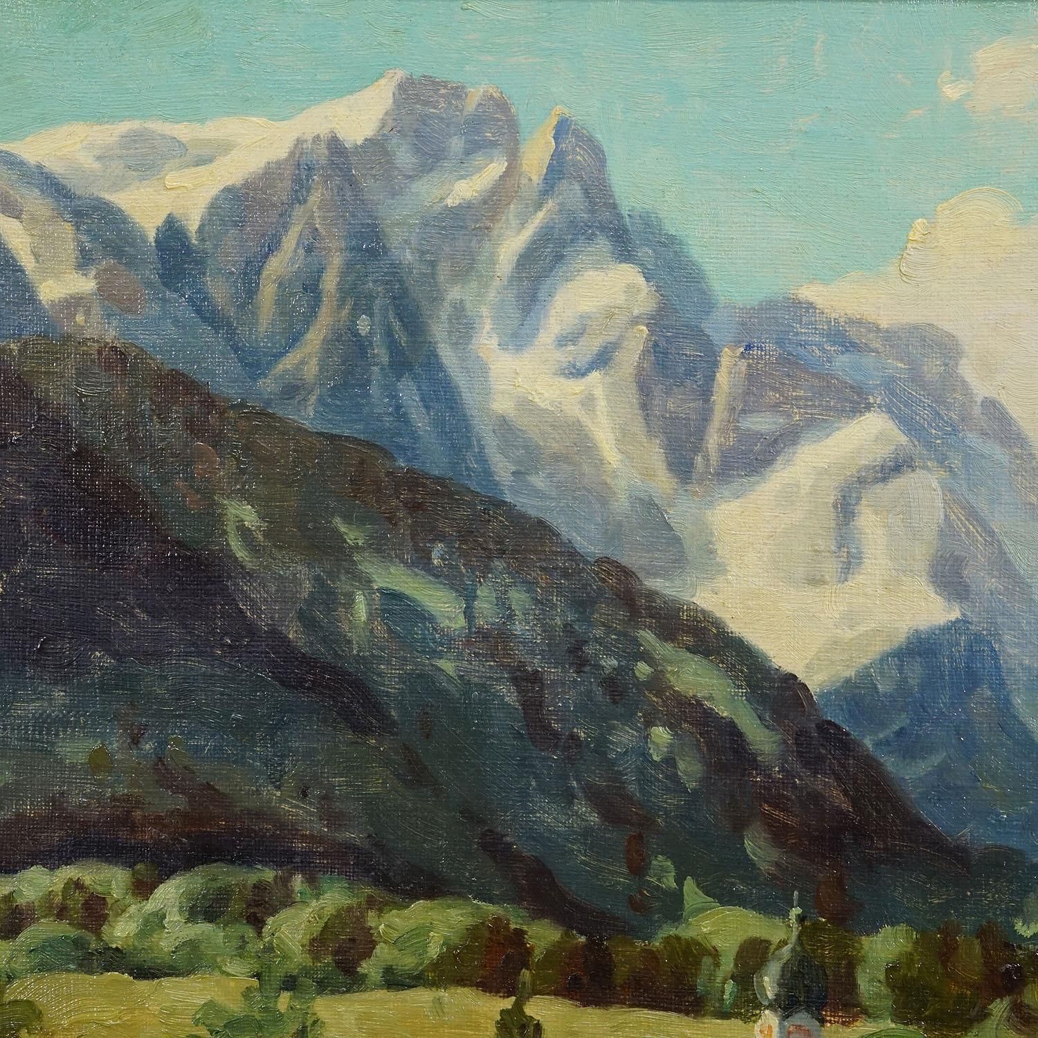 Alpine Landscape Oil Painting With Tyrolean Mountain Village photo 632.0