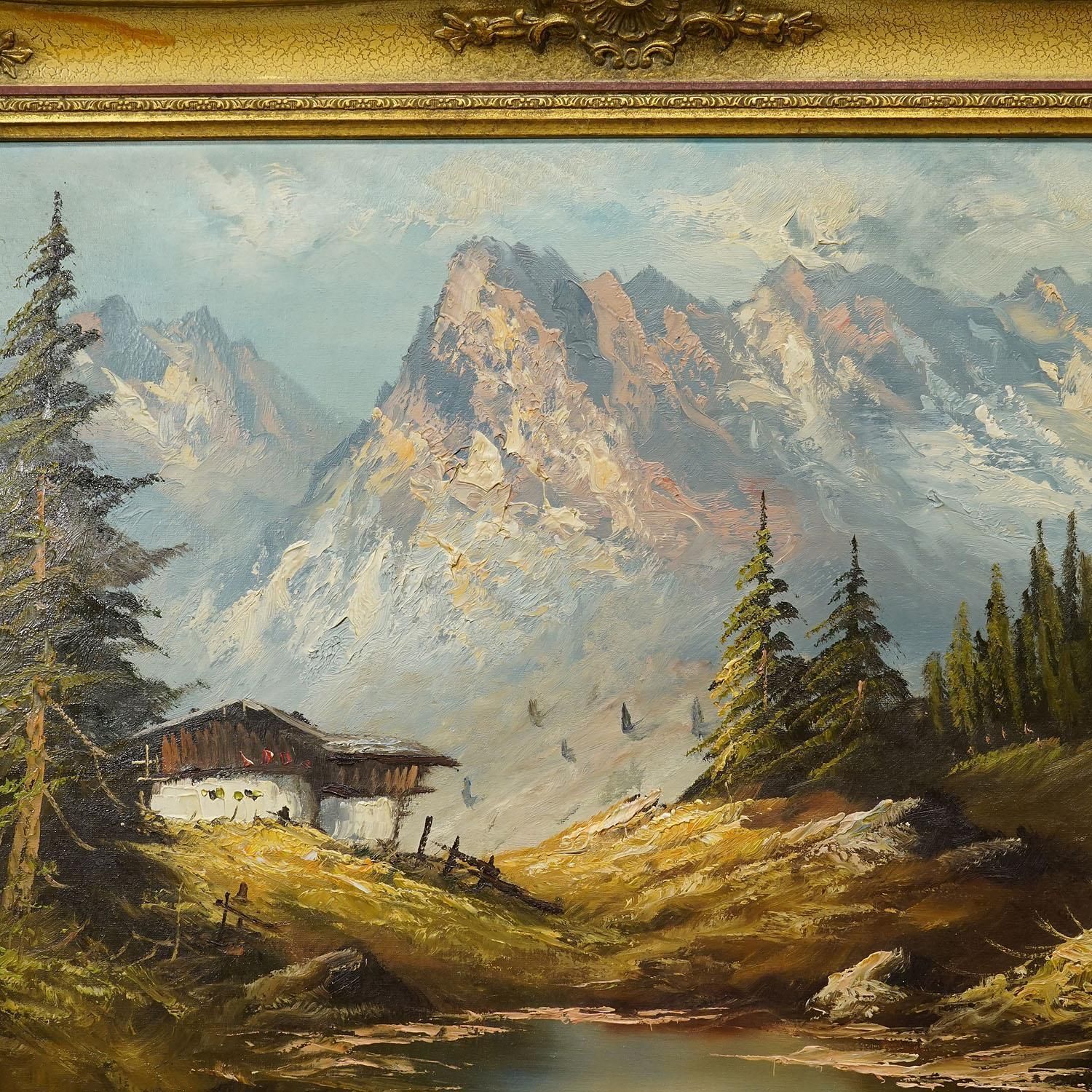 Alpine Landscape Oil Painting With Tyrolean Mountain Hut photo 772.0