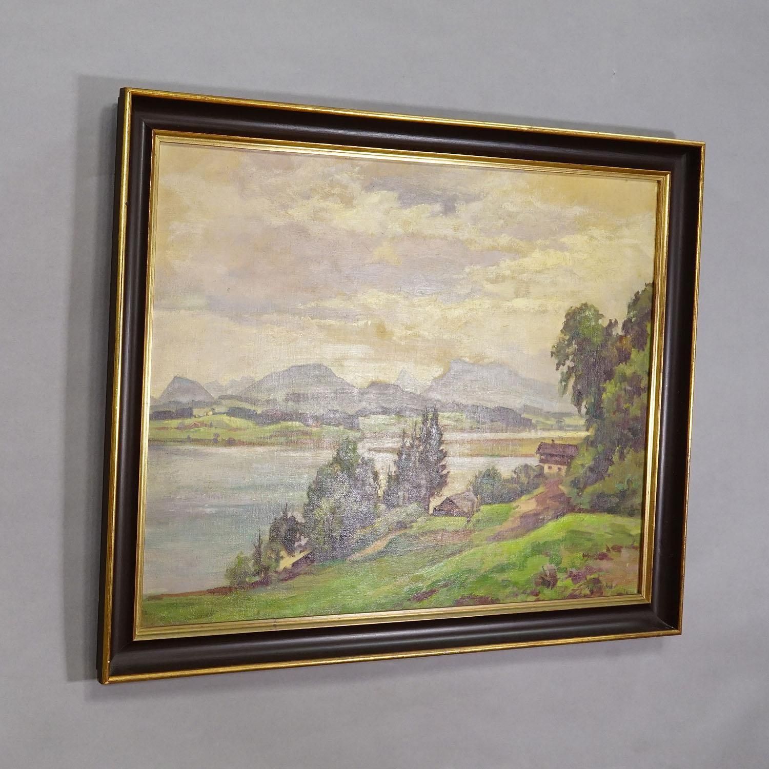Alpine Lake View Oil Painting With Tyrolean Hut photo furniture
