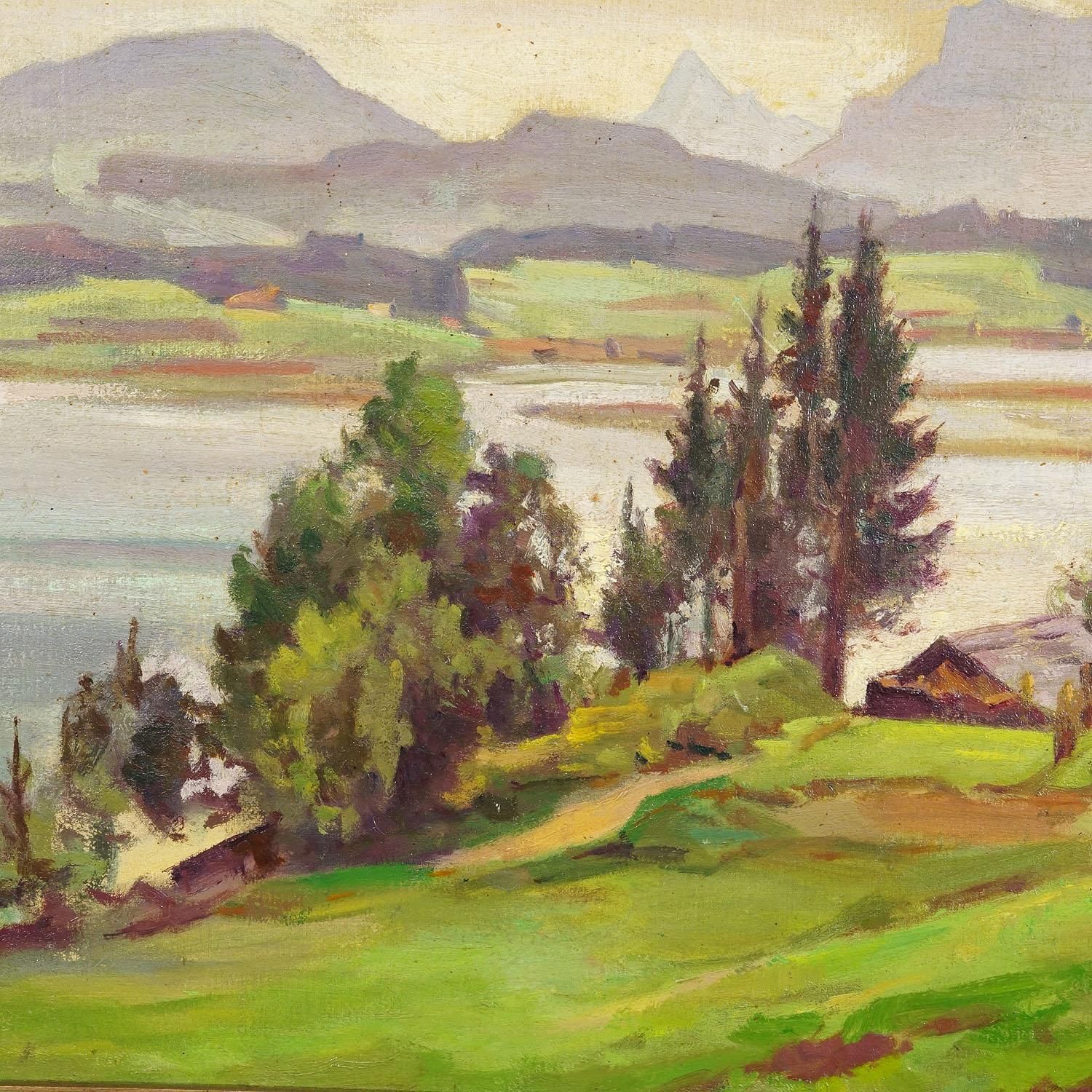 Alpine Lake View Oil Painting With Tyrolean Hut photo for sale