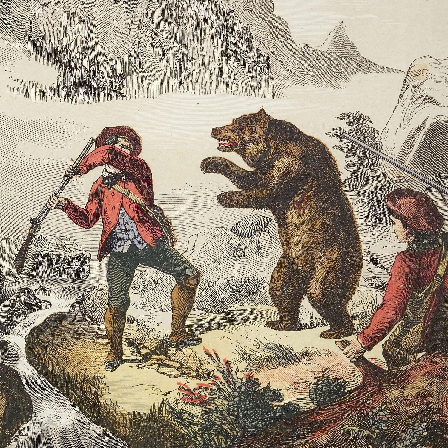 Antique Lithography Print Depicting A Bear Hunt 19th Century photo for sale