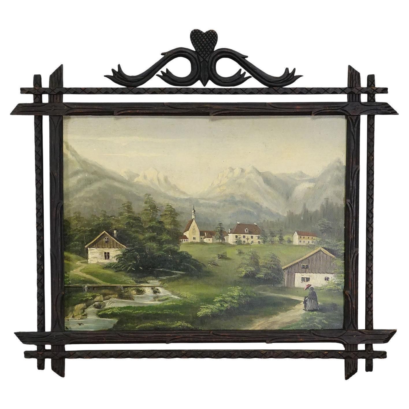 19th Century Alpine Landscape Oil Painting With Tyrolian Mountain Village
