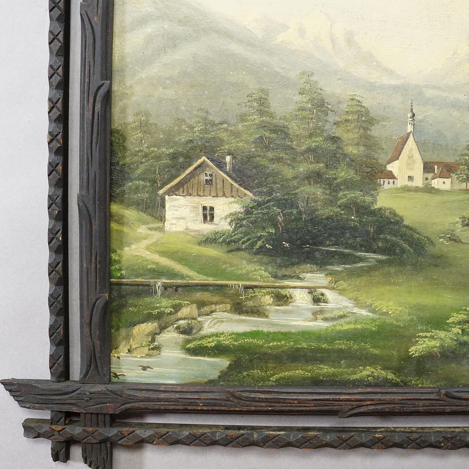 19e Eeuws Alpien Landschap, Olieverfschilderij Met Tiroler Bergdorp photo 691.0