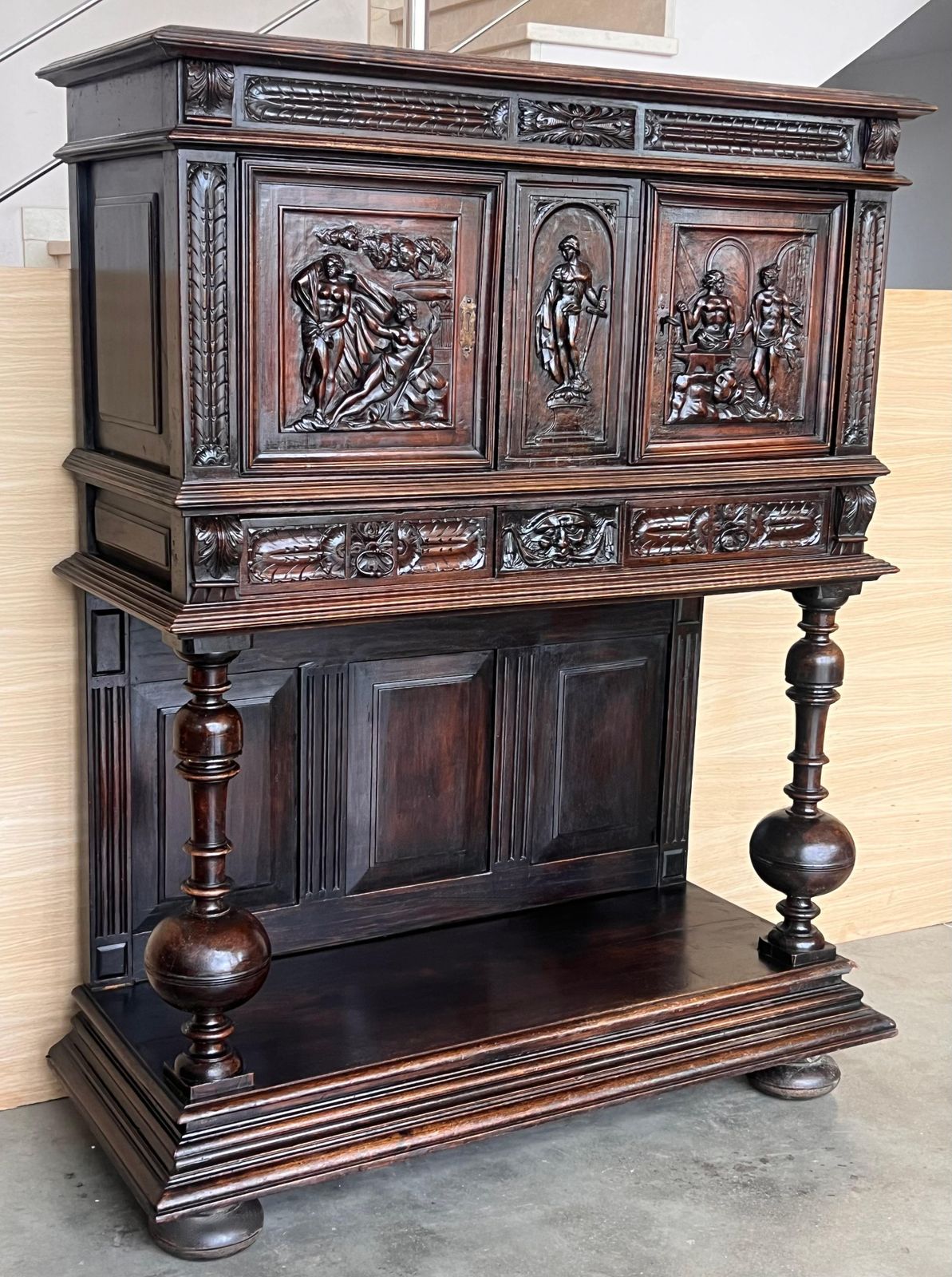 19th Century Dutch Hand Carved Renaissance Raised Cabinet photo Furniture