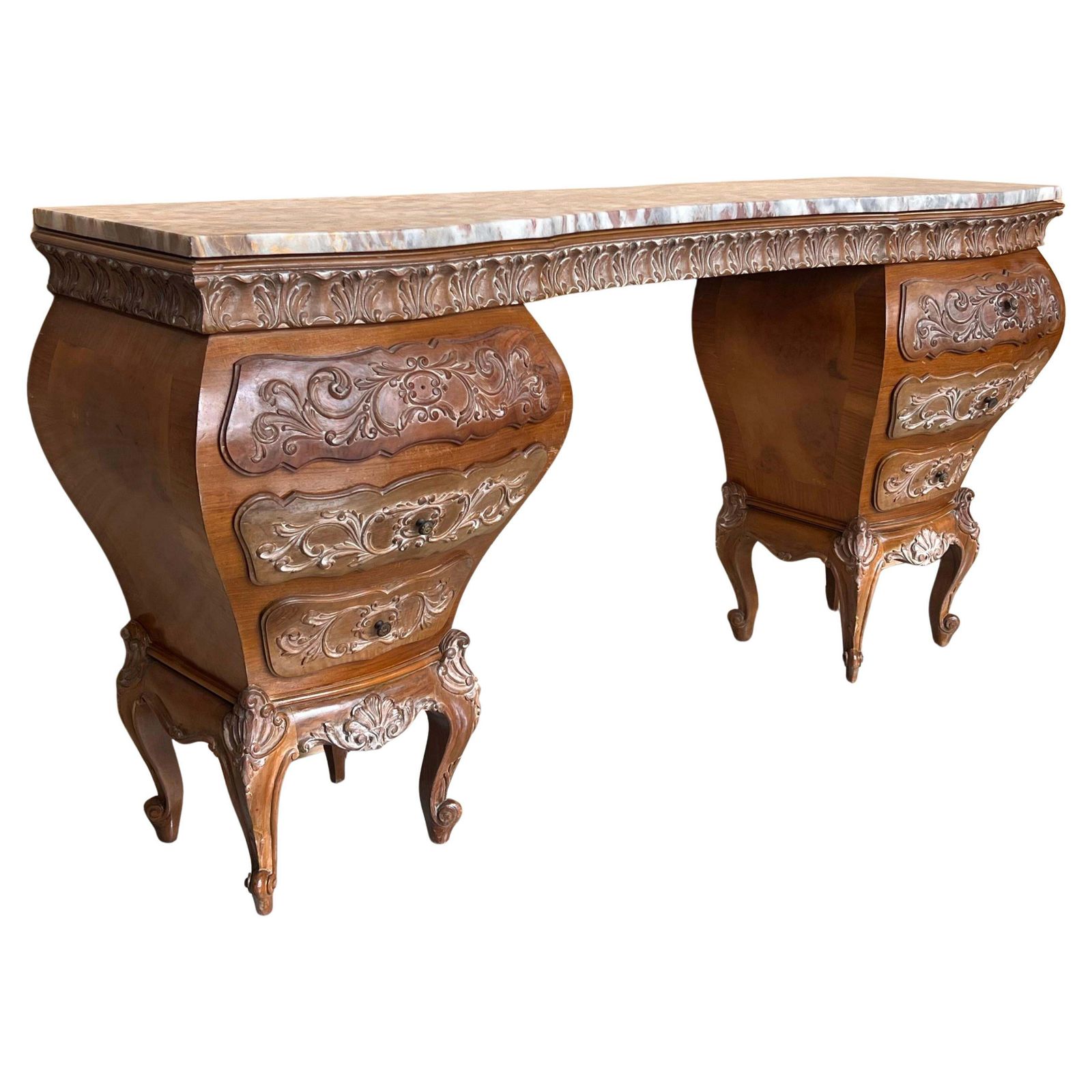 Coiffeuse baroque espagnole d'époque, années 1940, en noyer et loupe de noyer sculpté à la main