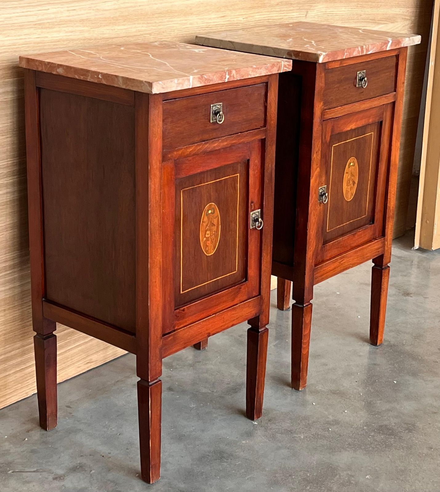 Pair Of Italian Marquetry Nightstands With Bronze Crest, Drawers And Doors photo 2490.0