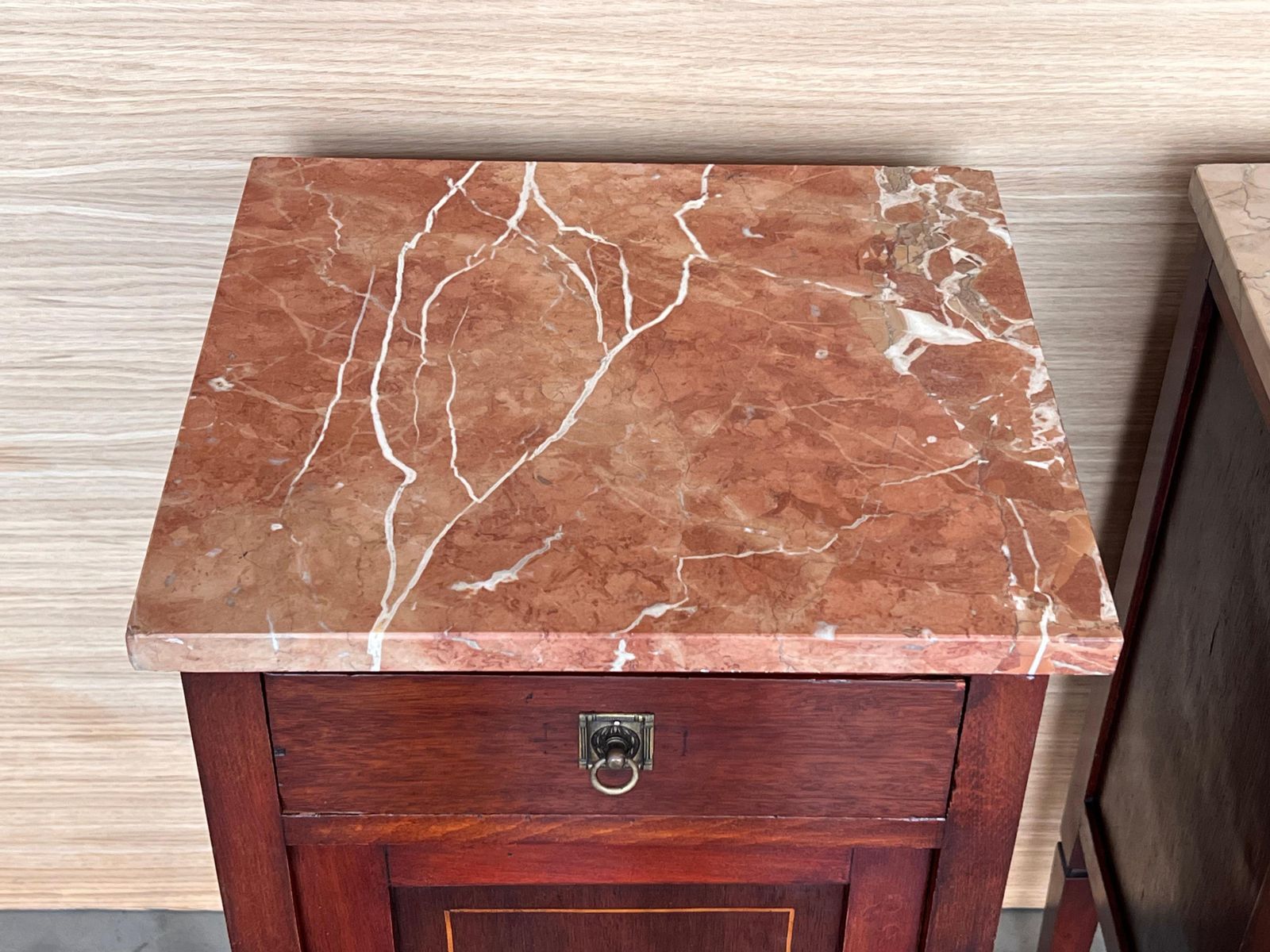 photo vinterior Pair Of Italian Marquetry Nightstands With Bronze Crest, Drawers And Doors