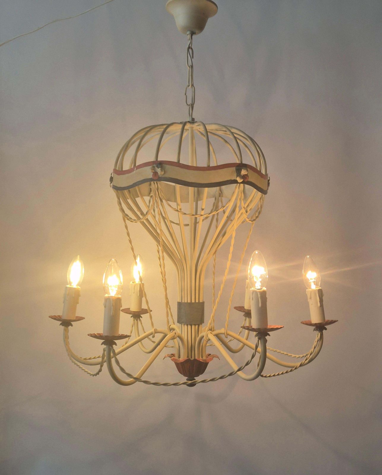 French Gilt Iron And Painted Tôle  Hot Air Balloon Chandelier, Mid 20th Century photo furniture