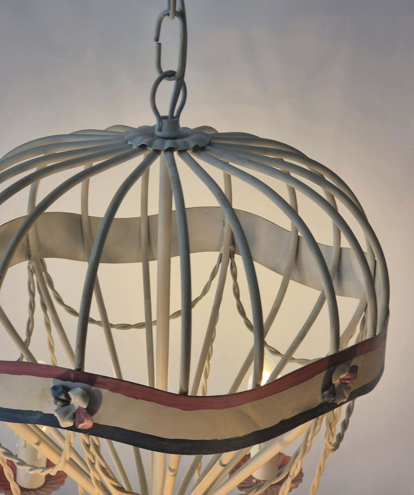 French Gilt Iron And Painted Tôle  Hot Air Balloon Chandelier, Mid 20th Century photo vinterior