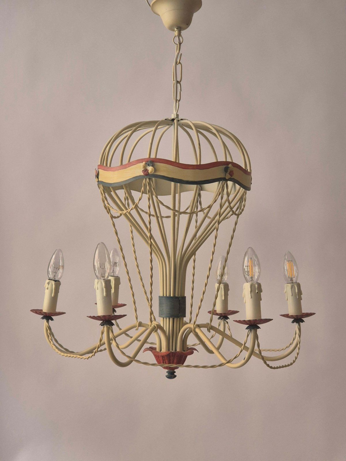 French Gilt Iron And Painted Tôle  Hot Air Balloon Chandelier, Mid 20th Century photo vintage
