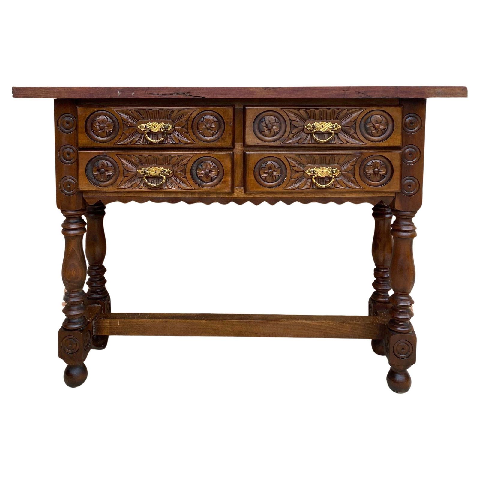 Console espagnole sculptée du début du XXe siècle à quatre tiroirs, années 1930