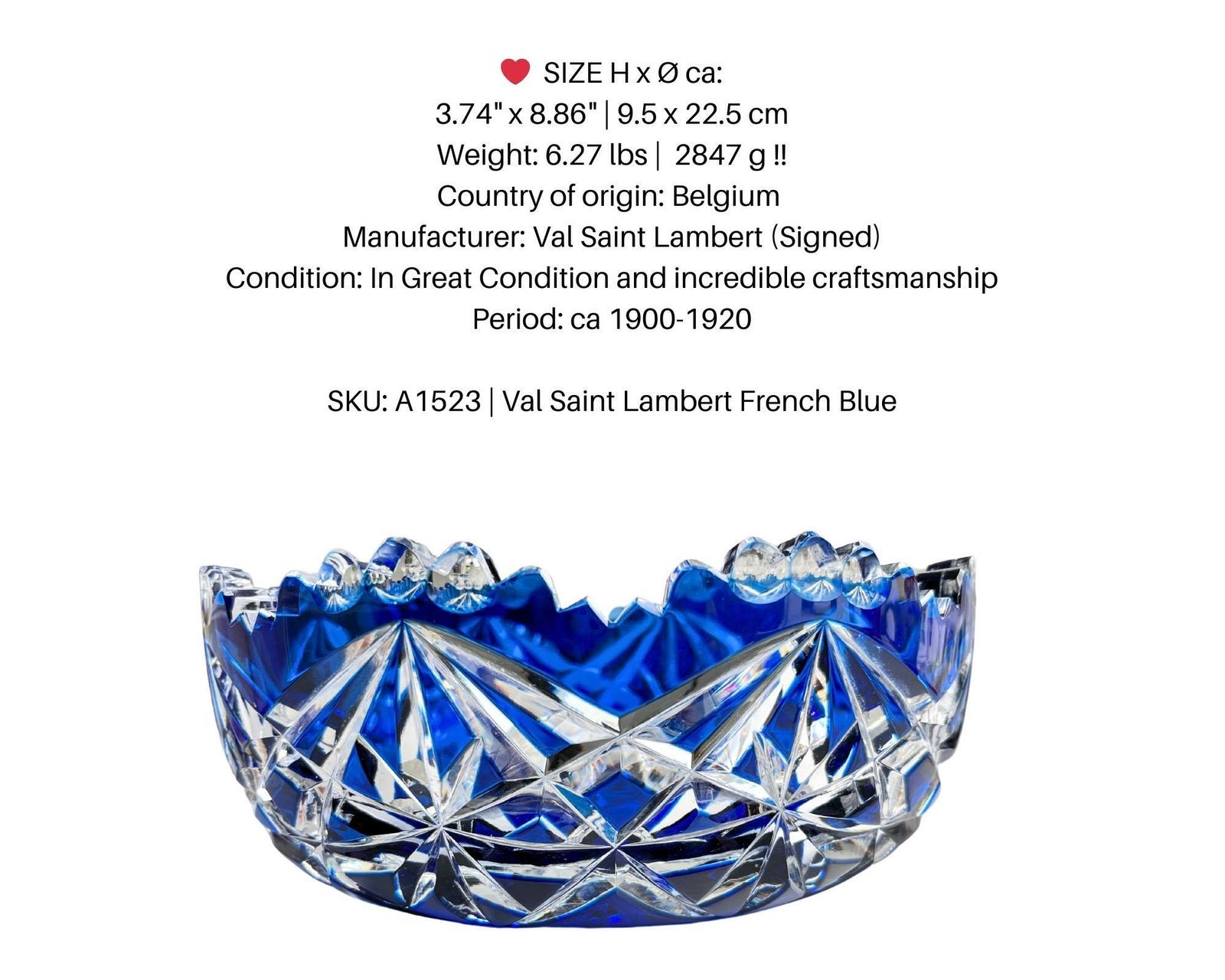 Val Saint Lambert Kristal | Franse Blauwe Schaal | Double Bleu | Gesigneerd photo Woonaccessoires