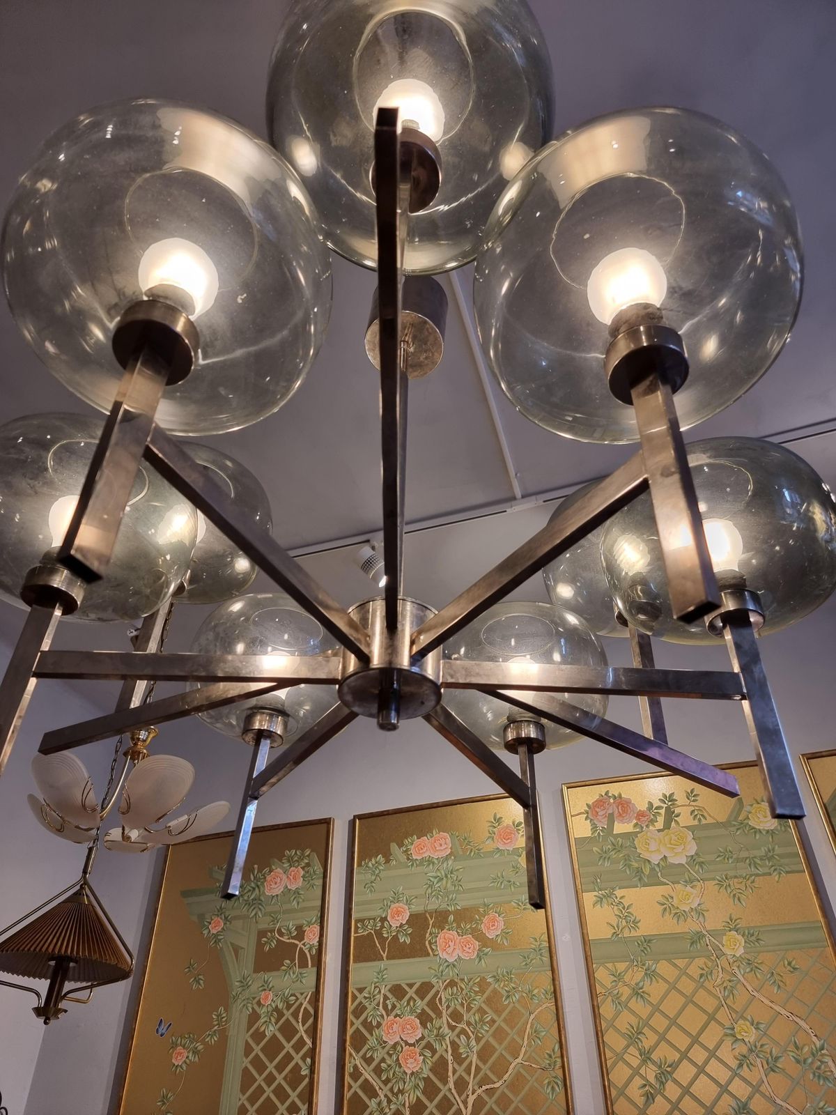 photo for sale Holger Johansson, Chandelier, Scandinavian Modern / Midcentury, Chrome & Glass
