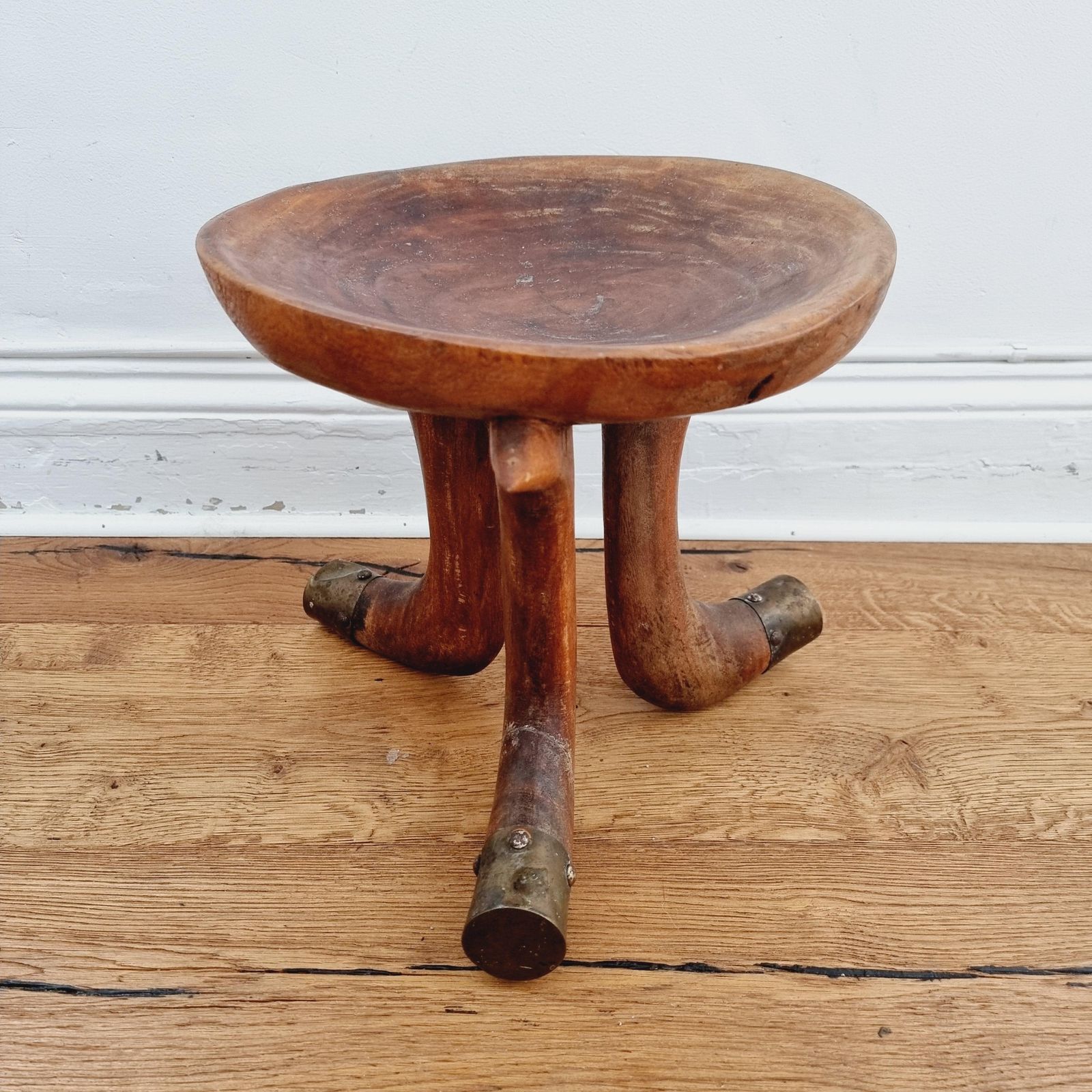Tribal Stool With Brass Details, Southern Ethiopia, Early 20th Century photo for sale