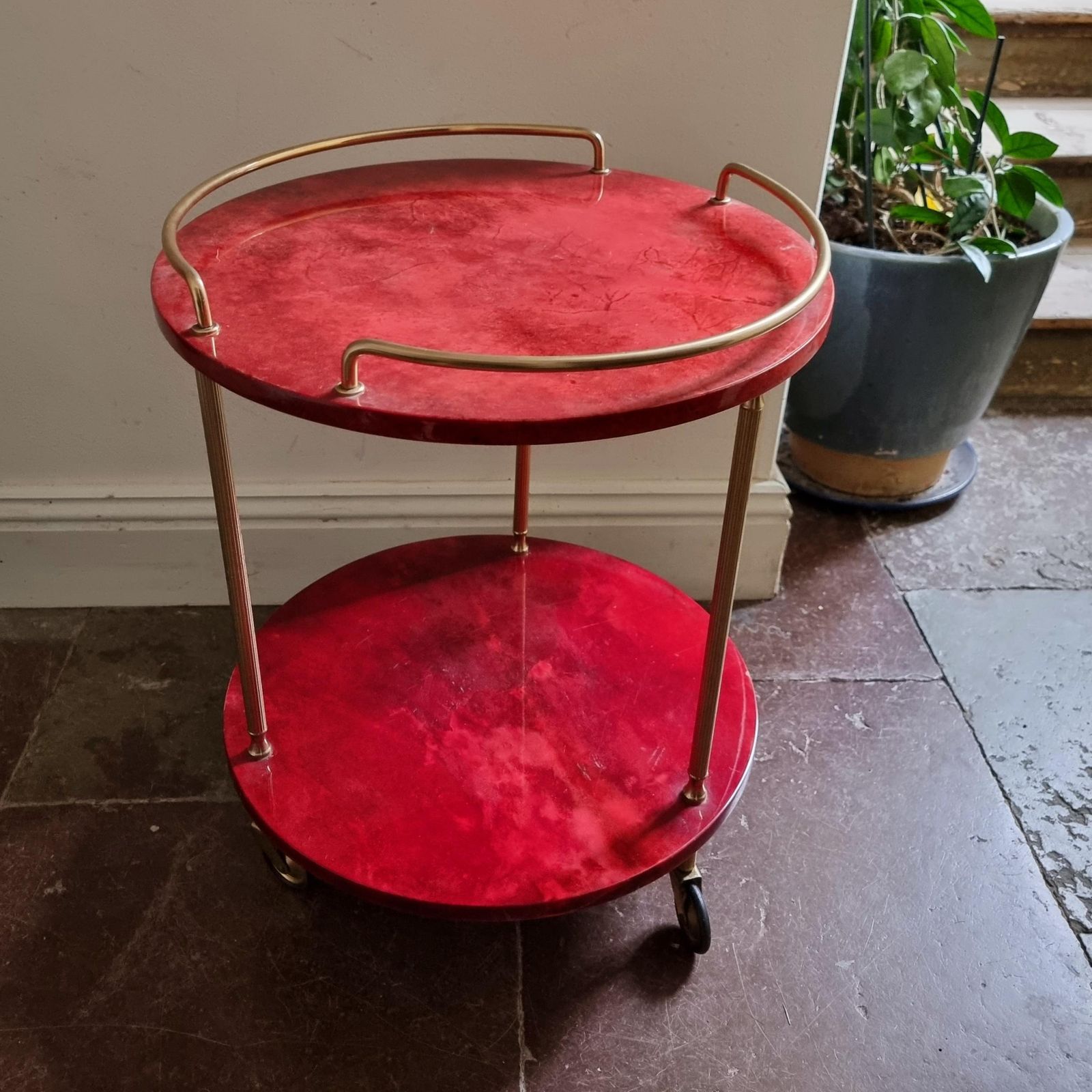 photo for sale Aldo Tura, Bar Cart, Red Goatskin, Italian Midcentury / Hollywood Regency