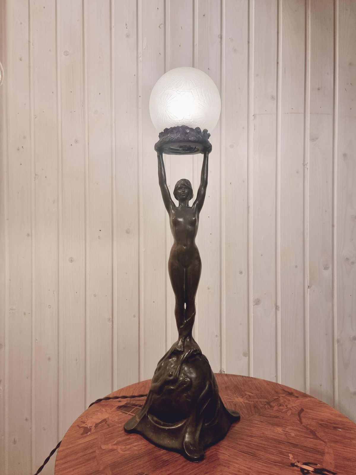 photo vinterior Table Lamp In Bronze, Gerda Sprinchorn For Herman Bergman Stockholm, Art Nouveau