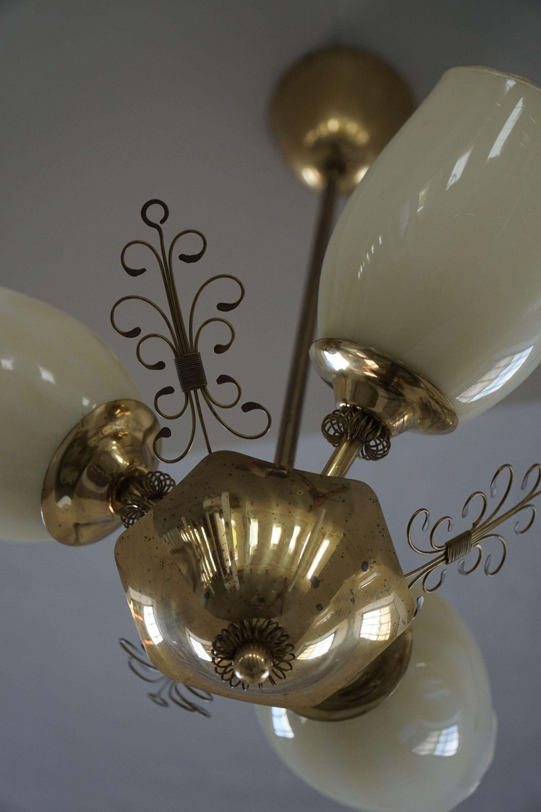 photo for sale Paavo Tynell For Idman Oy, 3 Arm Chandelier In Brass & Glass, Mid Century, 1940s