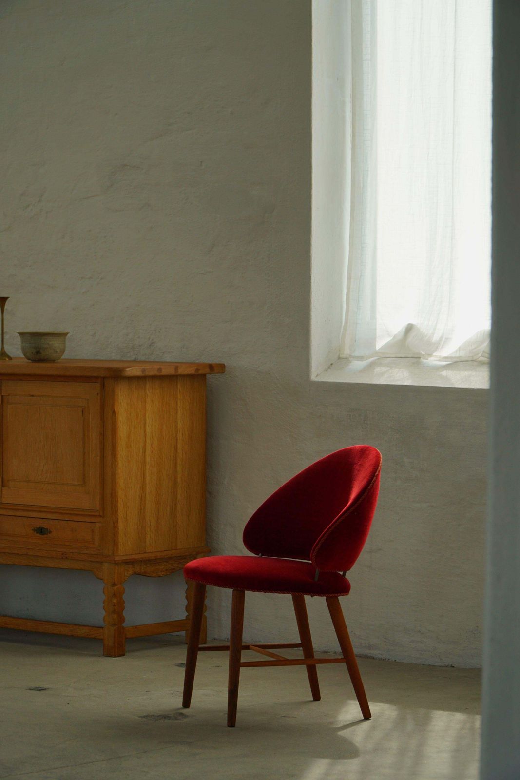 photo buy Mid Century Dressing Chair In Oak & Red Velvet, By A Danish Cabinetmaker, 1950s