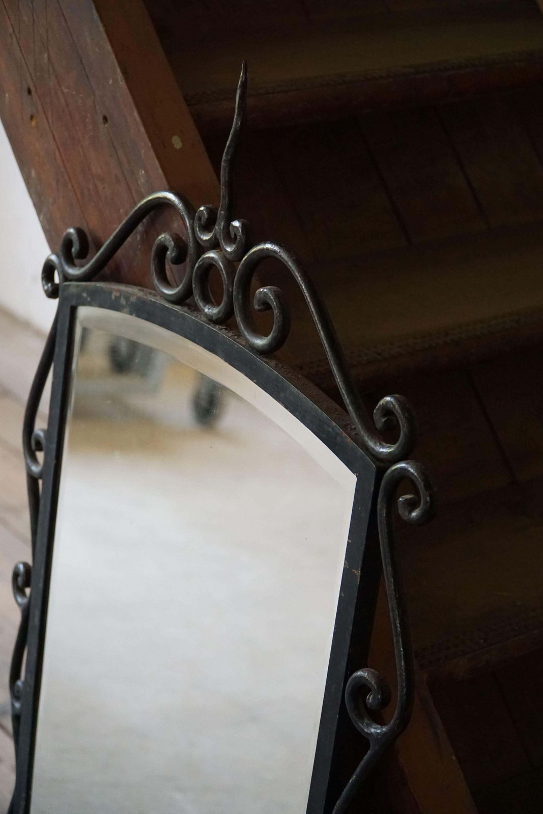 French Mid Century Modern, Brutalist Wrought Iron Wall Mirror, Made In The 1950s photo vinterior