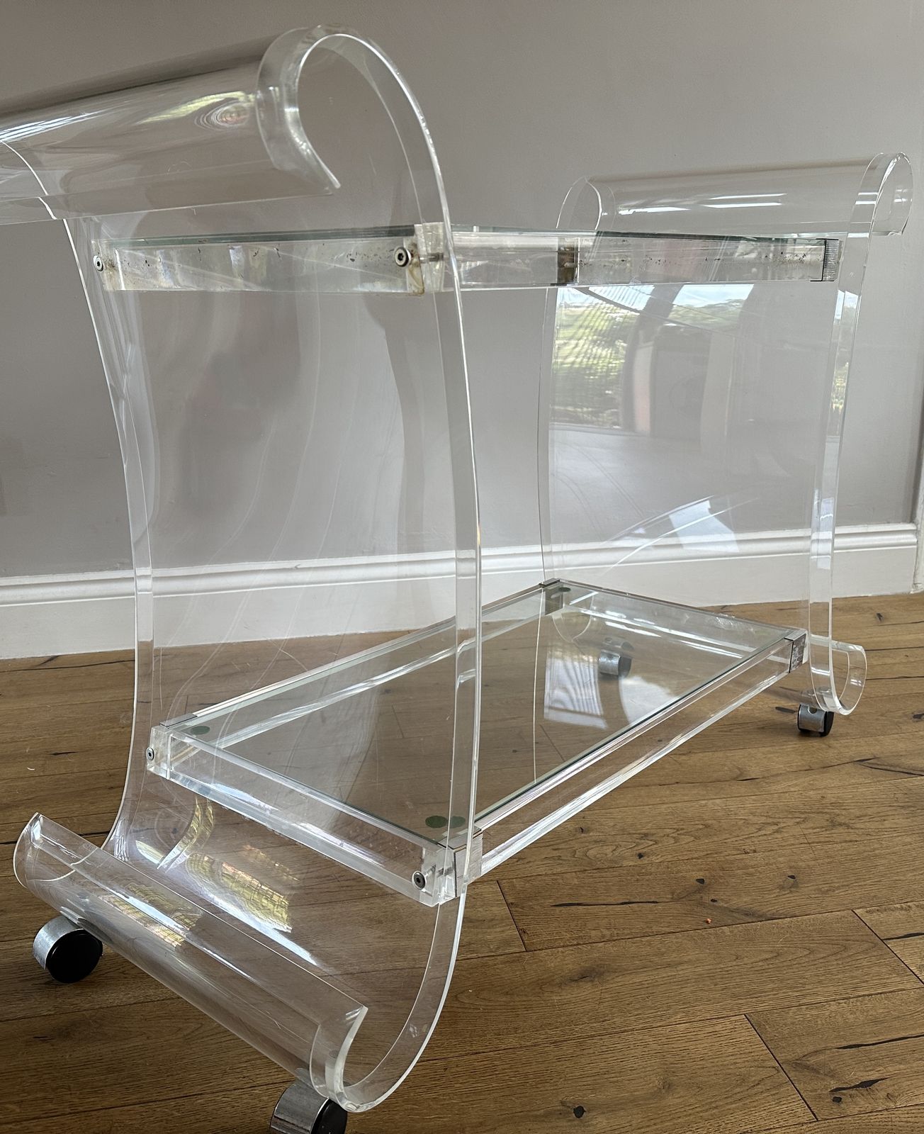 Charles Hollis Jones Lucite Glass Bar Cart Sleigh Drinks Trolley On Wheels photo Furniture