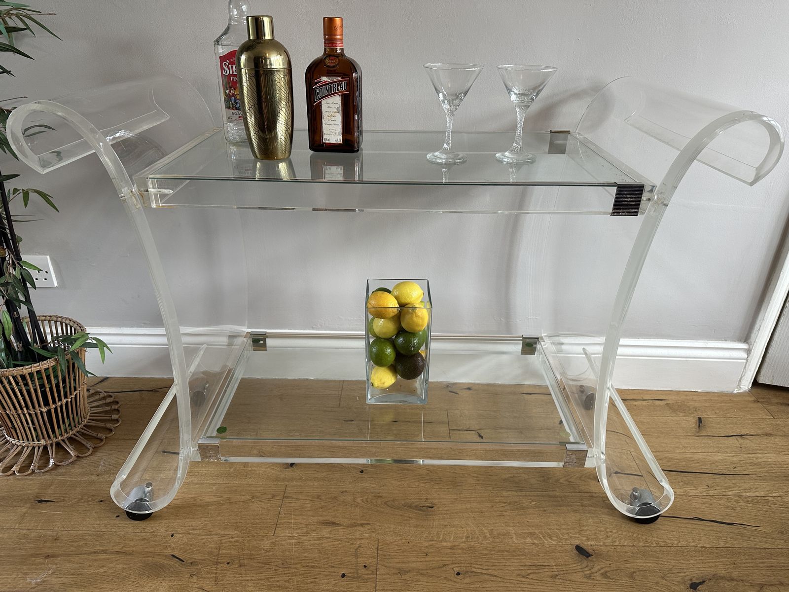 Charles Hollis Jones Lucite Glass Bar Cart Sleigh Drinks Trolley On Wheels
