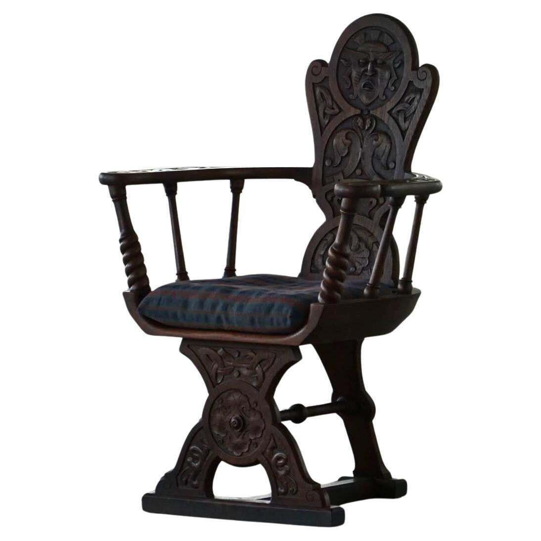 Scandinavian Armchair In Solid Oak With A Cushion, Folk Art, Early 19th Century