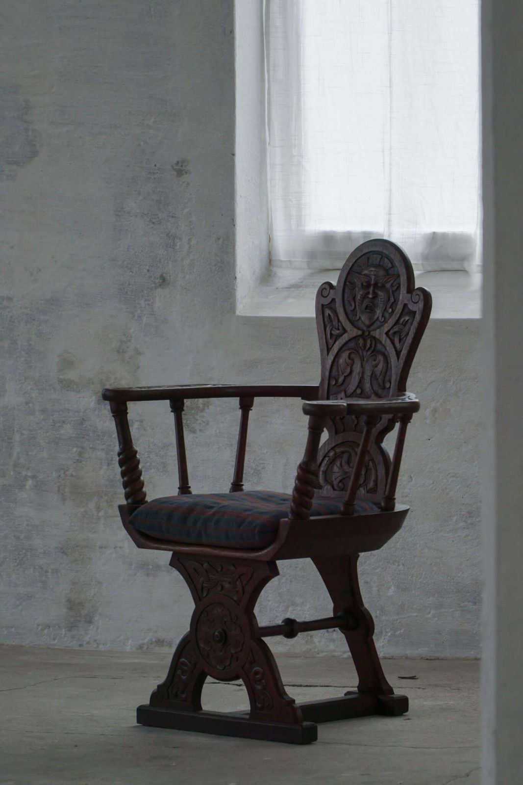 Scandinavian Armchair In Solid Oak With A Cushion, Folk Art, Early 19th Century photo for sale