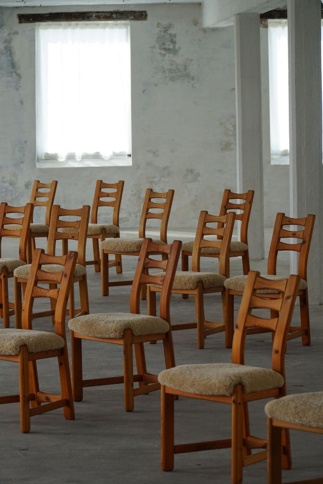 Furniture Set Of 12 Brutalist Chairs In Pine & Shearling Lambswool, Danish Modern, 1970s photo