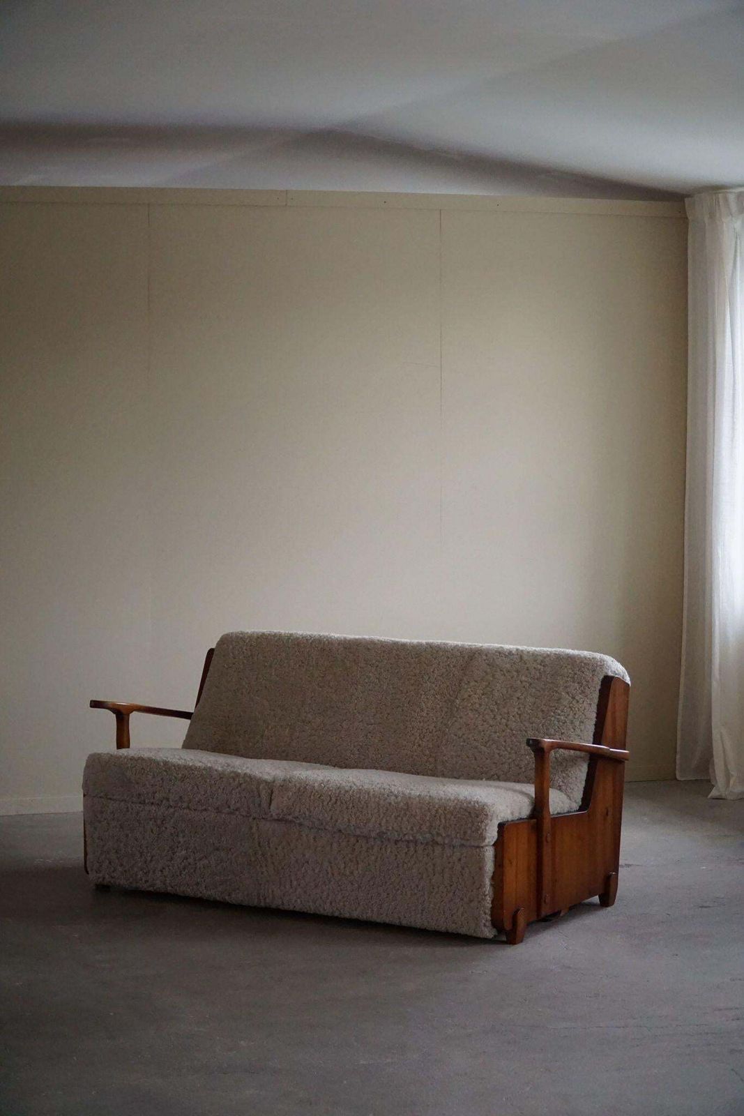 Swedish Modern, Freestanding Two Seater Sofa / Bed In Pine & Lambswool, 1950s photo for sale