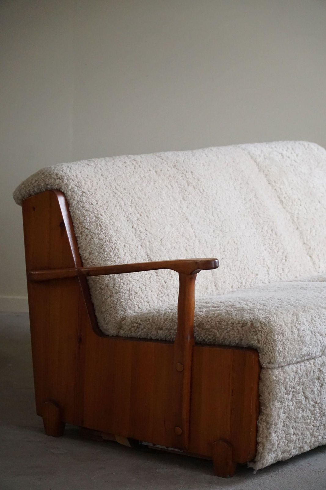 Swedish Modern, Freestanding Two Seater Sofa / Bed In Pine & Lambswool, 1950s photo vintage