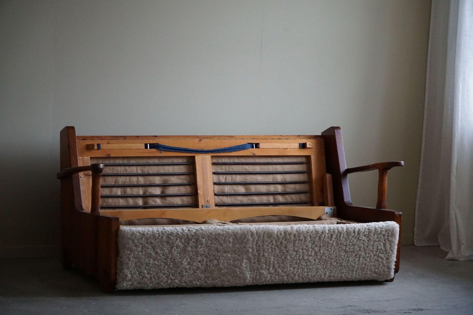 photo for sale Swedish Modern, Freestanding Two Seater Sofa / Bed In Pine & Lambswool, 1950s