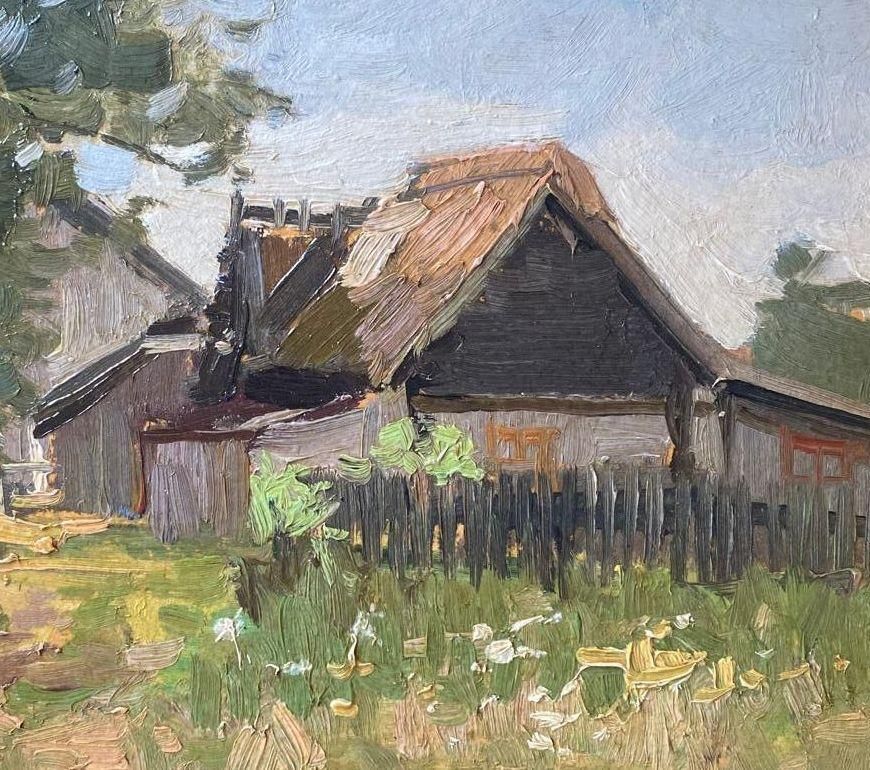 Alfejs Bromults Countryside Landscape  Oil/Cardboard, 19x27 Cm1982 photo Art
