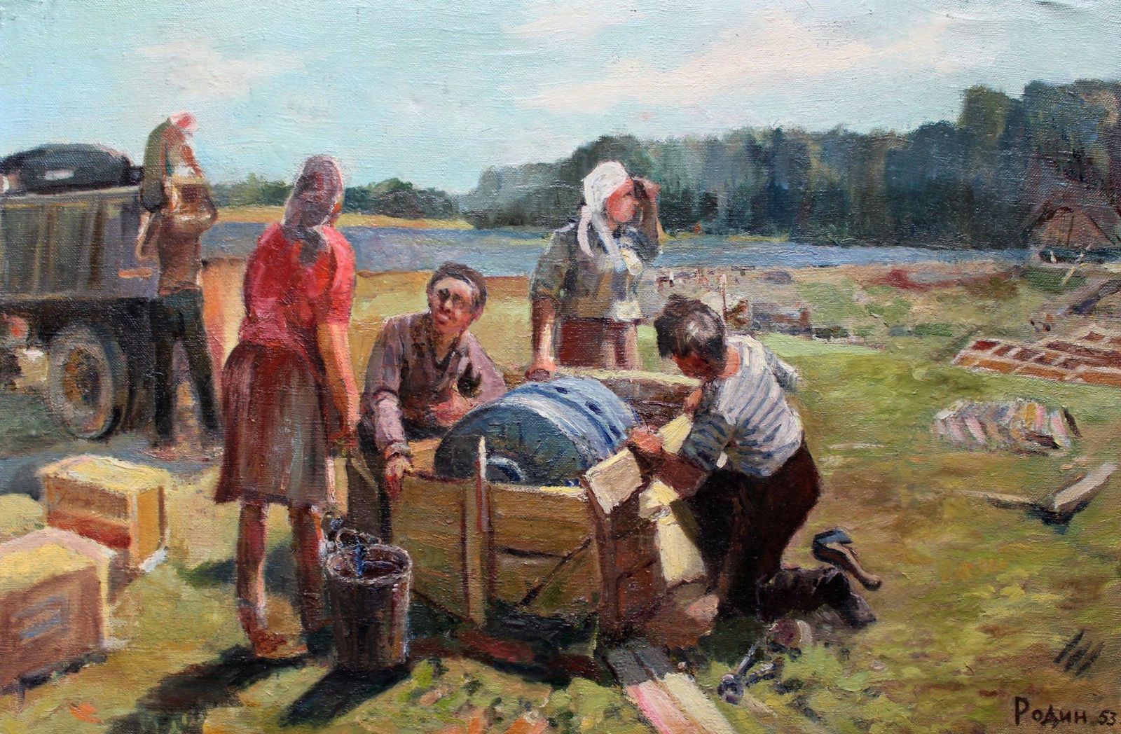 Aleksandr Rodin (1922 2001)in The Constructing. Oil On Cardboard, 58x88 Cm1953