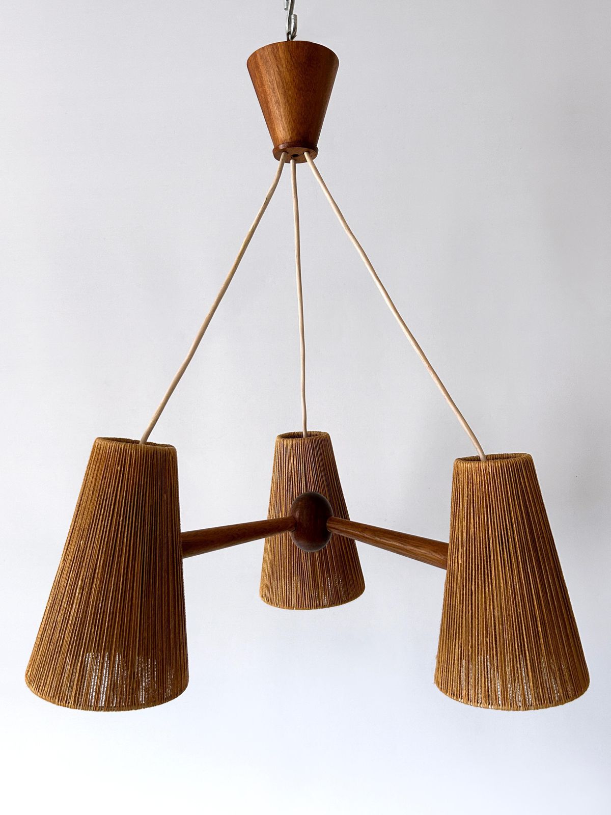 Mid Century Sisal & Teak Pendant Lamp Or Chandelier By Temde Switzerland 1960s photo 1733.0