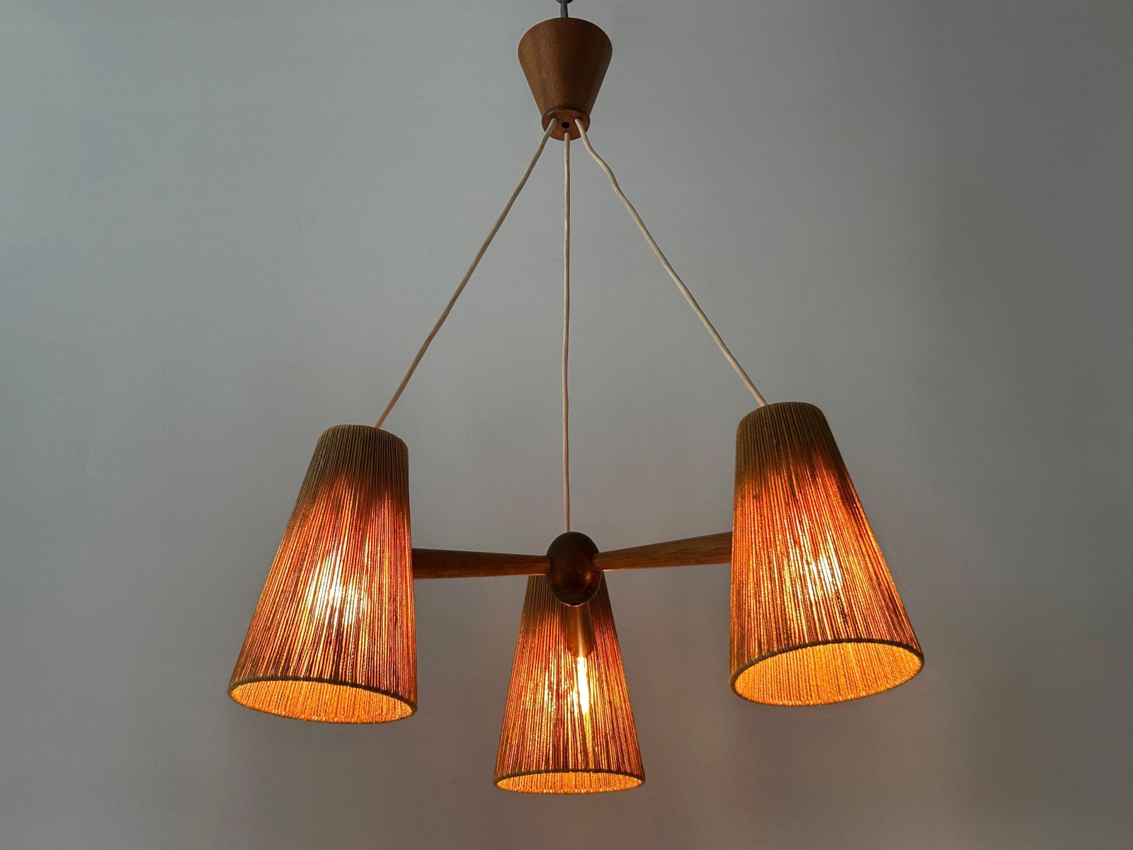 Mid Century Sisal & Teak Pendant Lamp Or Chandelier By Temde Switzerland 1960s photo vinterior