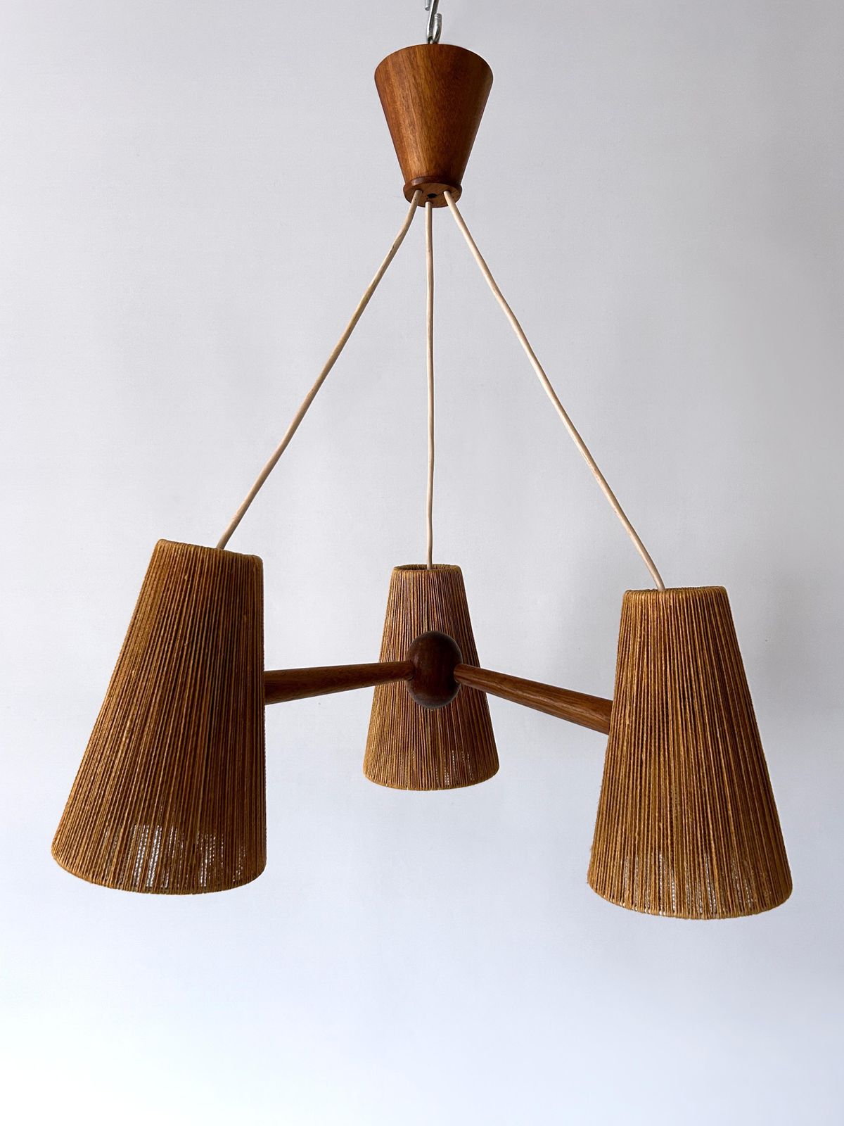Mid Century Sisal & Teak Pendant Lamp Or Chandelier By Temde Switzerland 1960s photo vintage