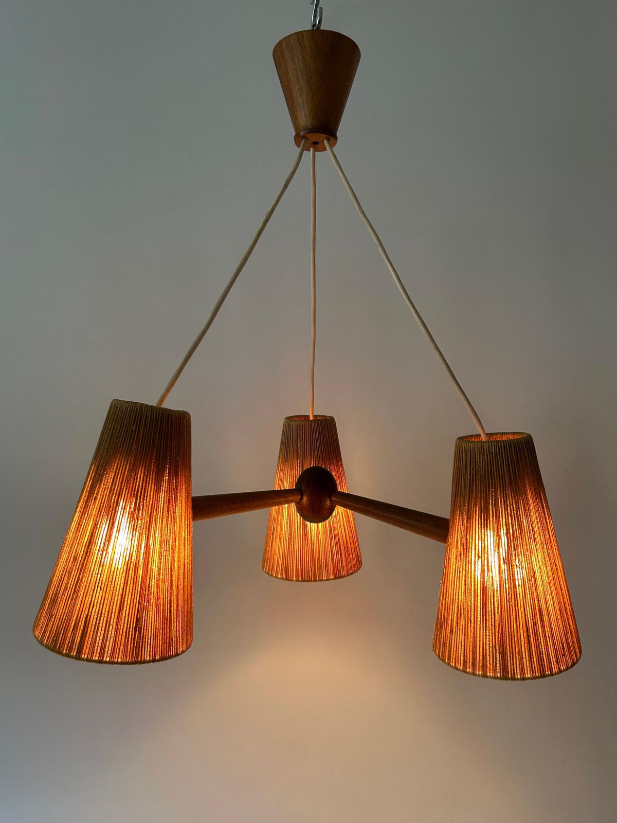 photo furniture Mid Century Sisal & Teak Pendant Lamp Or Chandelier By Temde Switzerland 1960s