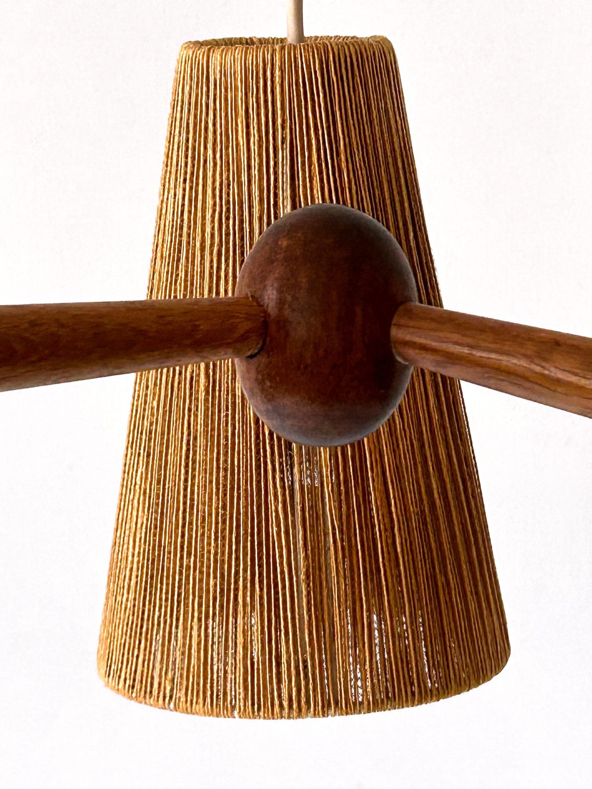 photo vinterior Mid Century Sisal & Teak Pendant Lamp Or Chandelier By Temde Switzerland 1960s