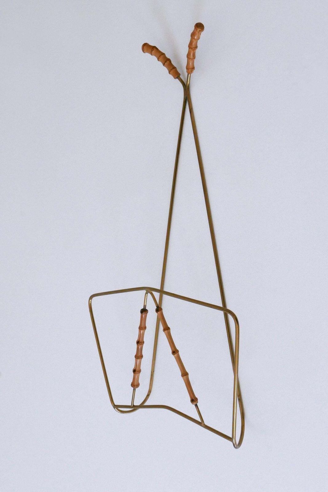 Lovely Mid Century Wall Mounted Brass & Bamboo Magazine Rack Germany 1960s photo for sale