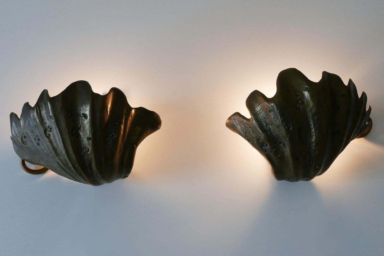 Set Of Two Rare Mid Century Modern Cast Bronze Sea Shell Sconces Germany 1960s photo furniture