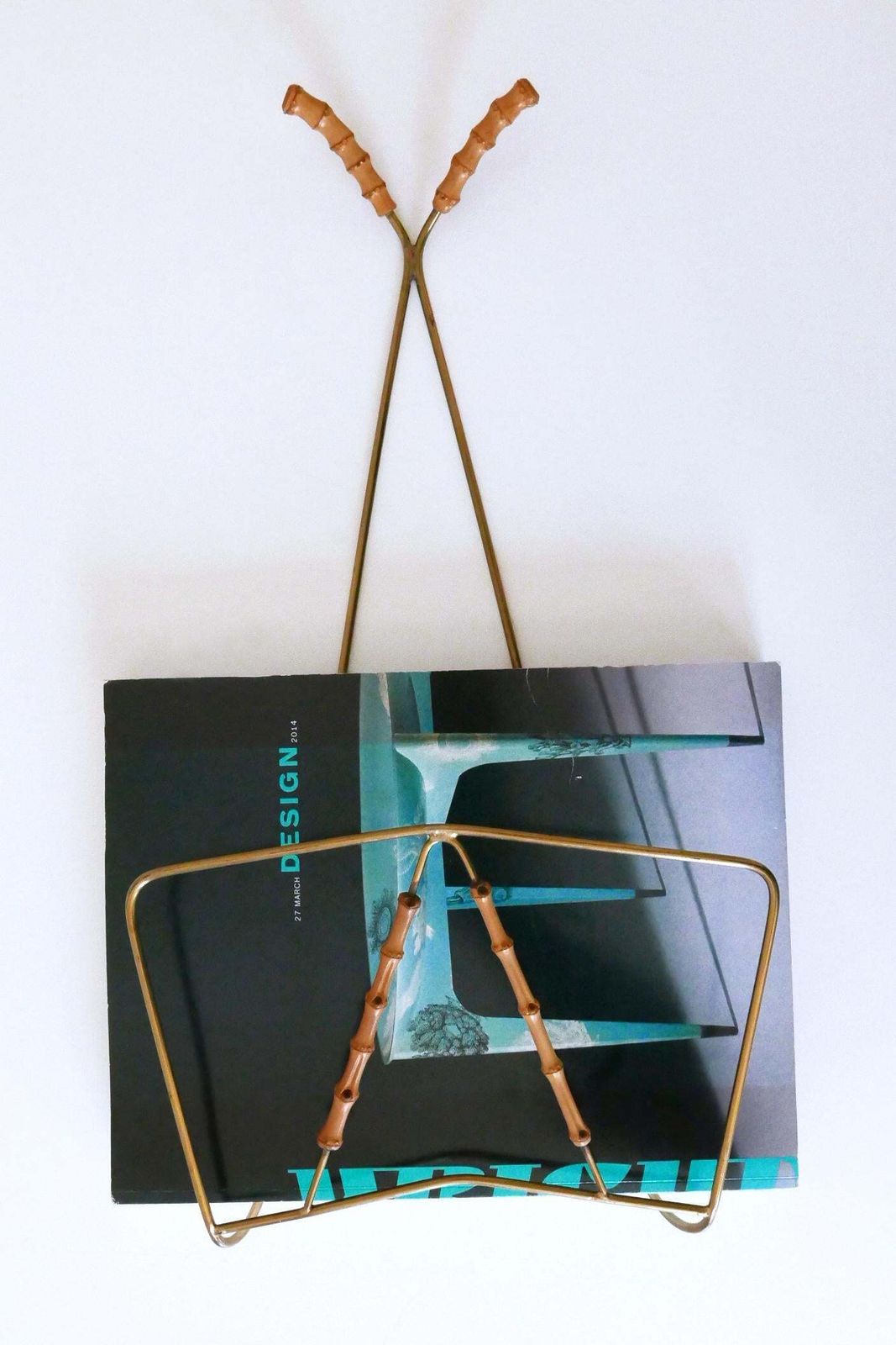 photo furniture Lovely Mid Century Wall Mounted Brass & Bamboo Magazine Rack Germany 1960s