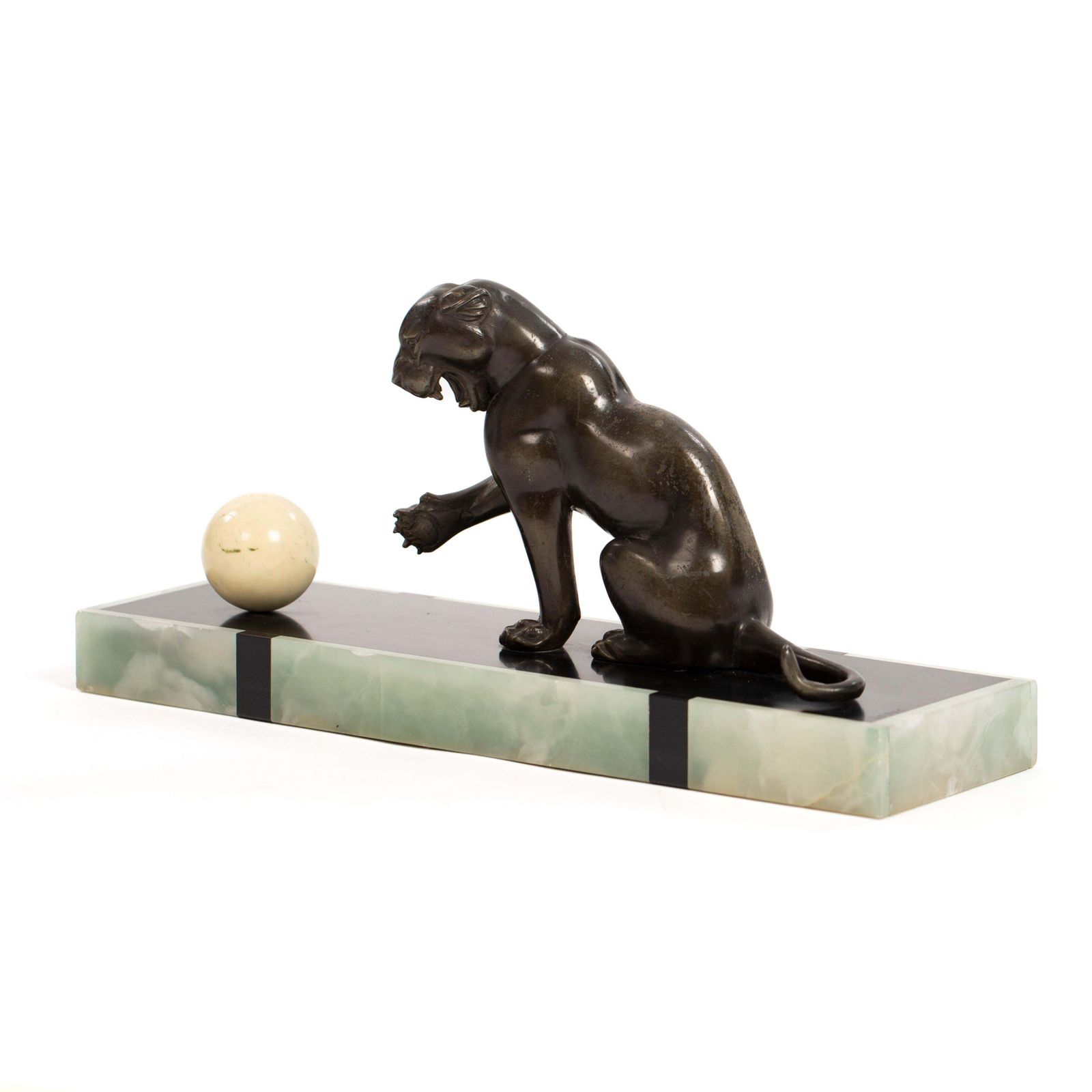 French Art Deco Bronze Panther On Marble Base With Jade Trim, Signed Leduc 1910s photo for sale