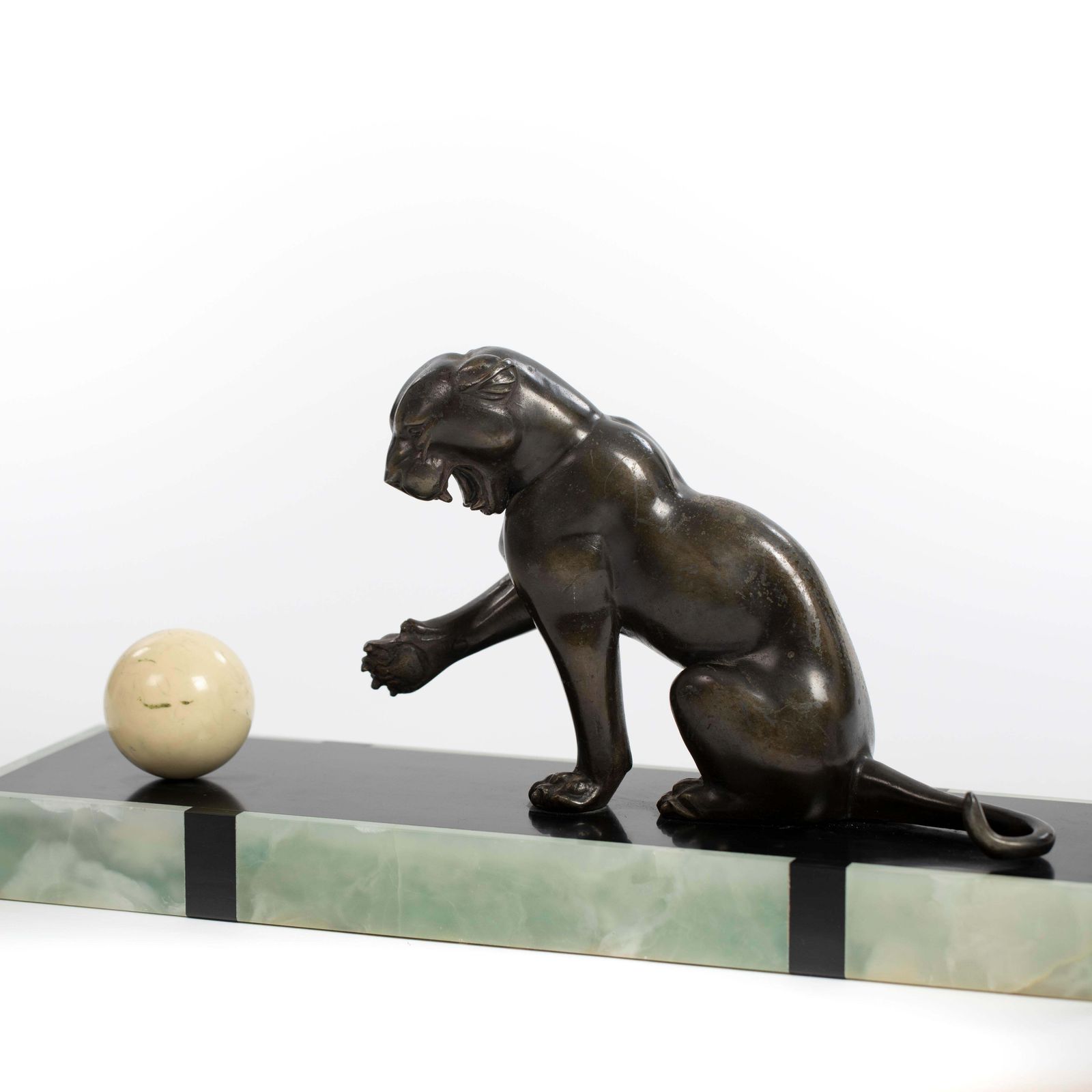 photo for sale French Art Deco Bronze Panther On Marble Base With Jade Trim, Signed Leduc 1910s