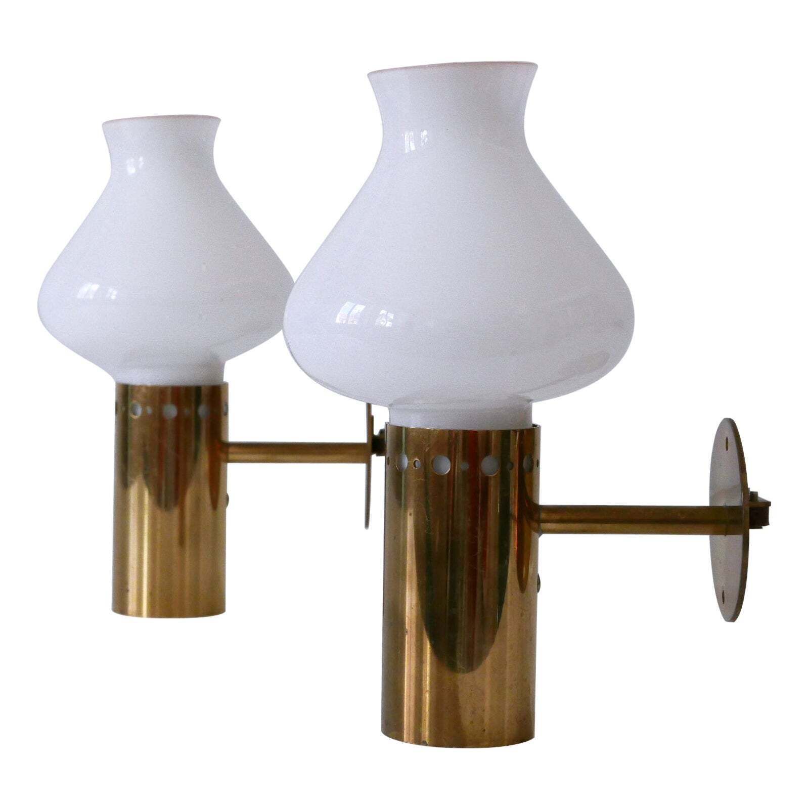 Set Of Two Elegant Mid Century Modern Brass & Glass Sconces Sweden 1950s