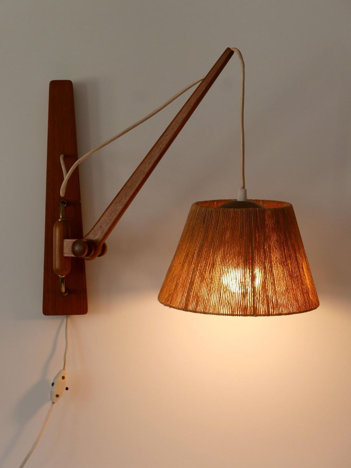 Elegant Mid Century Modern Swing Teak & Sisal Wall Light Denmark 1960s photo furniture