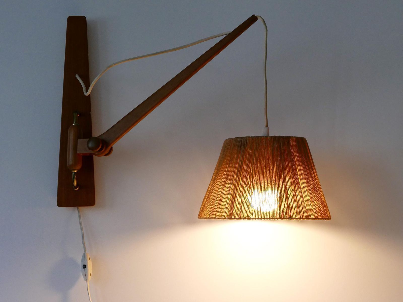 Elegant Mid Century Modern Swing Teak & Sisal Wall Light Denmark 1960s photo buy