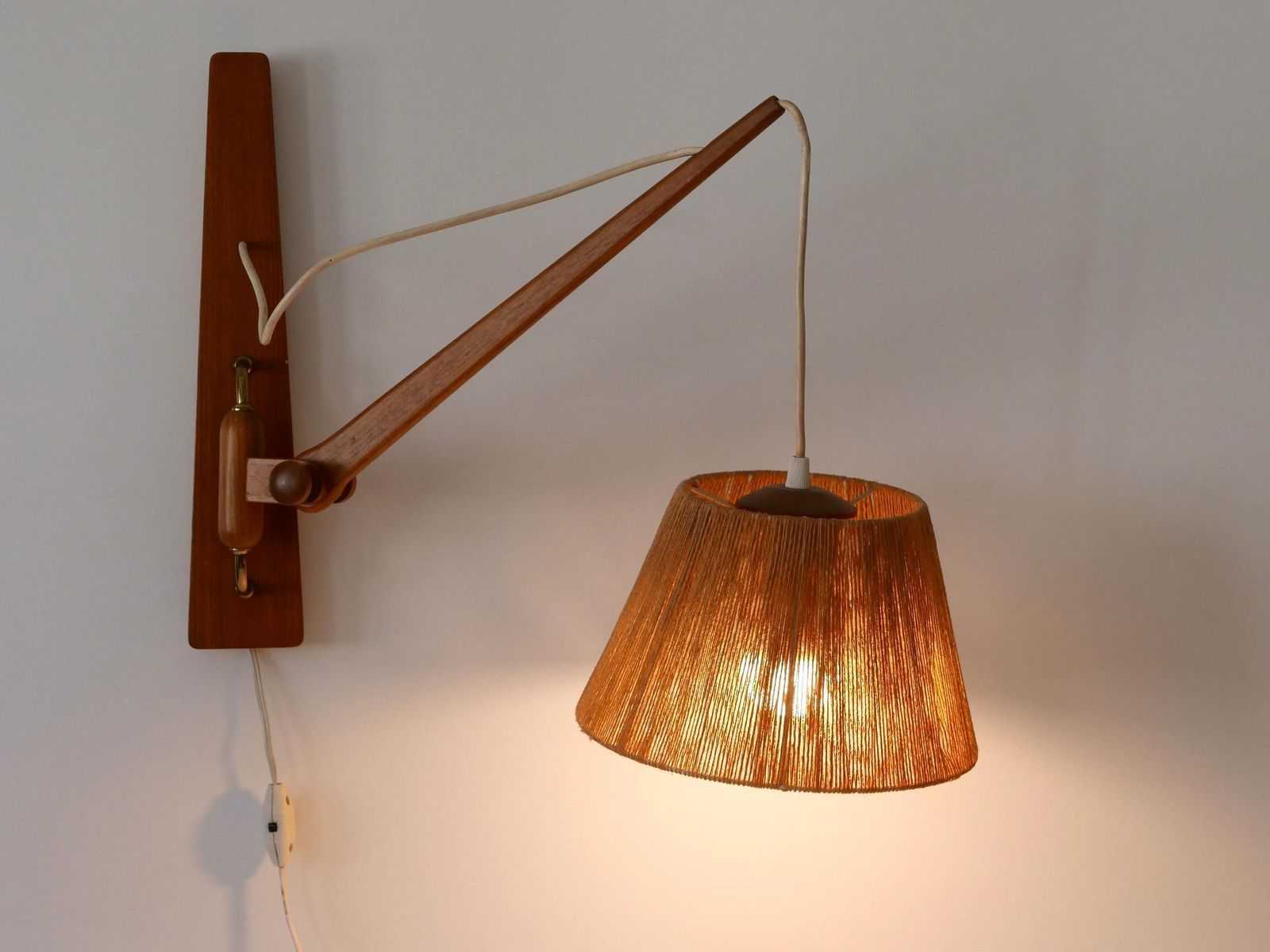 photo for sale Elegant Mid Century Modern Swing Teak & Sisal Wall Light Denmark 1960s