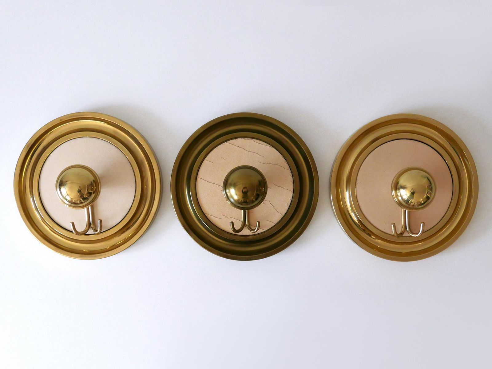 Set Of Three Large Mid Century Modern Brass Coat Hooks Or Wall Wardrobes 1960s photo vinterior