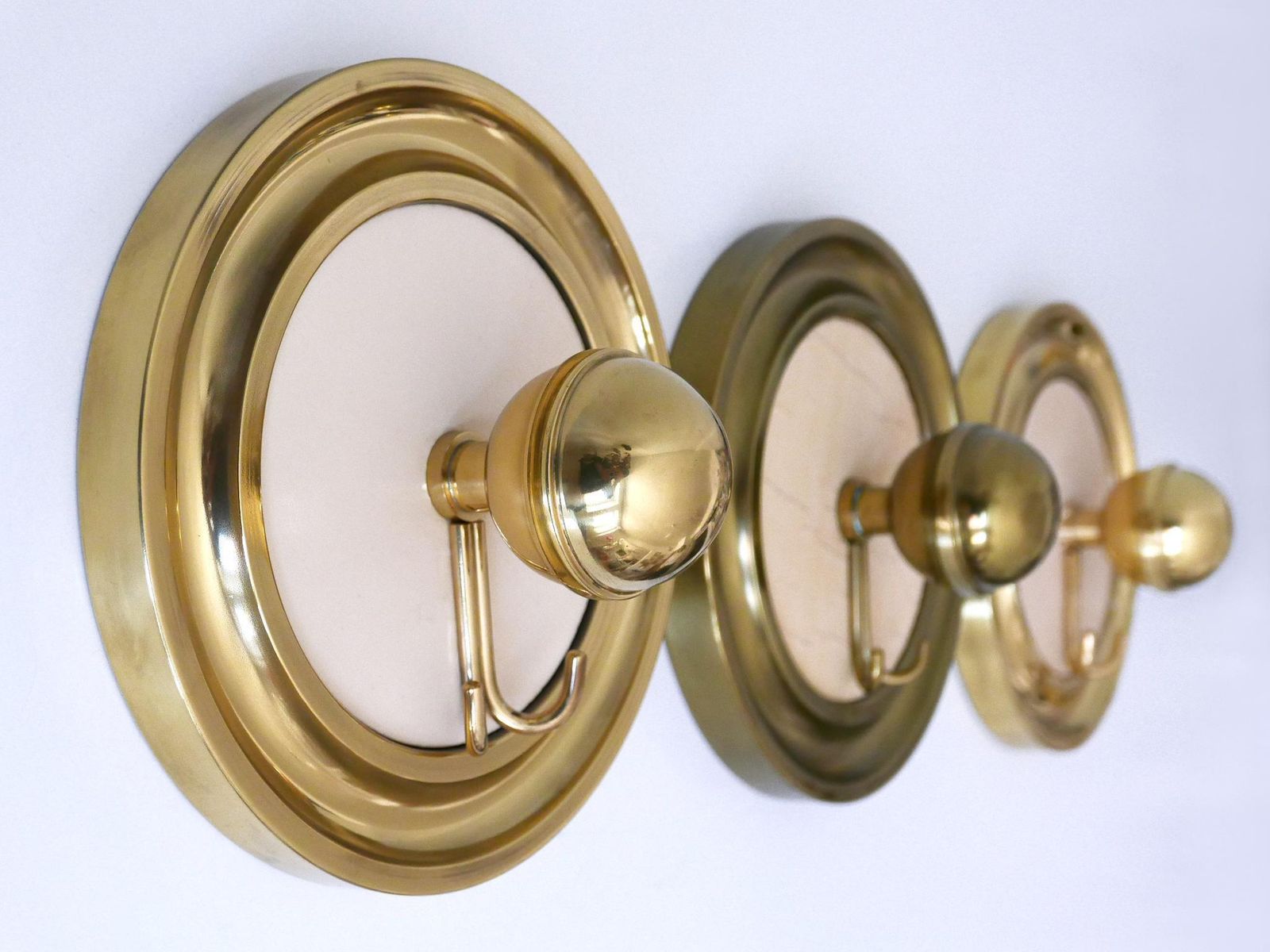 3249.0 Set Of Three Large Mid Century Modern Brass Coat Hooks Or Wall Wardrobes 1960s photo